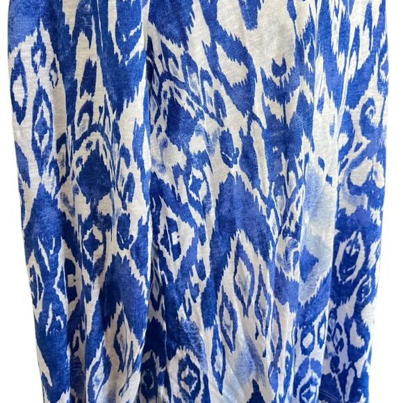 Chicos Womens Ikat Split V Neck 100% Linen Blue Knit Top Long Sleeve White 1/ M - Picture 3 of 16